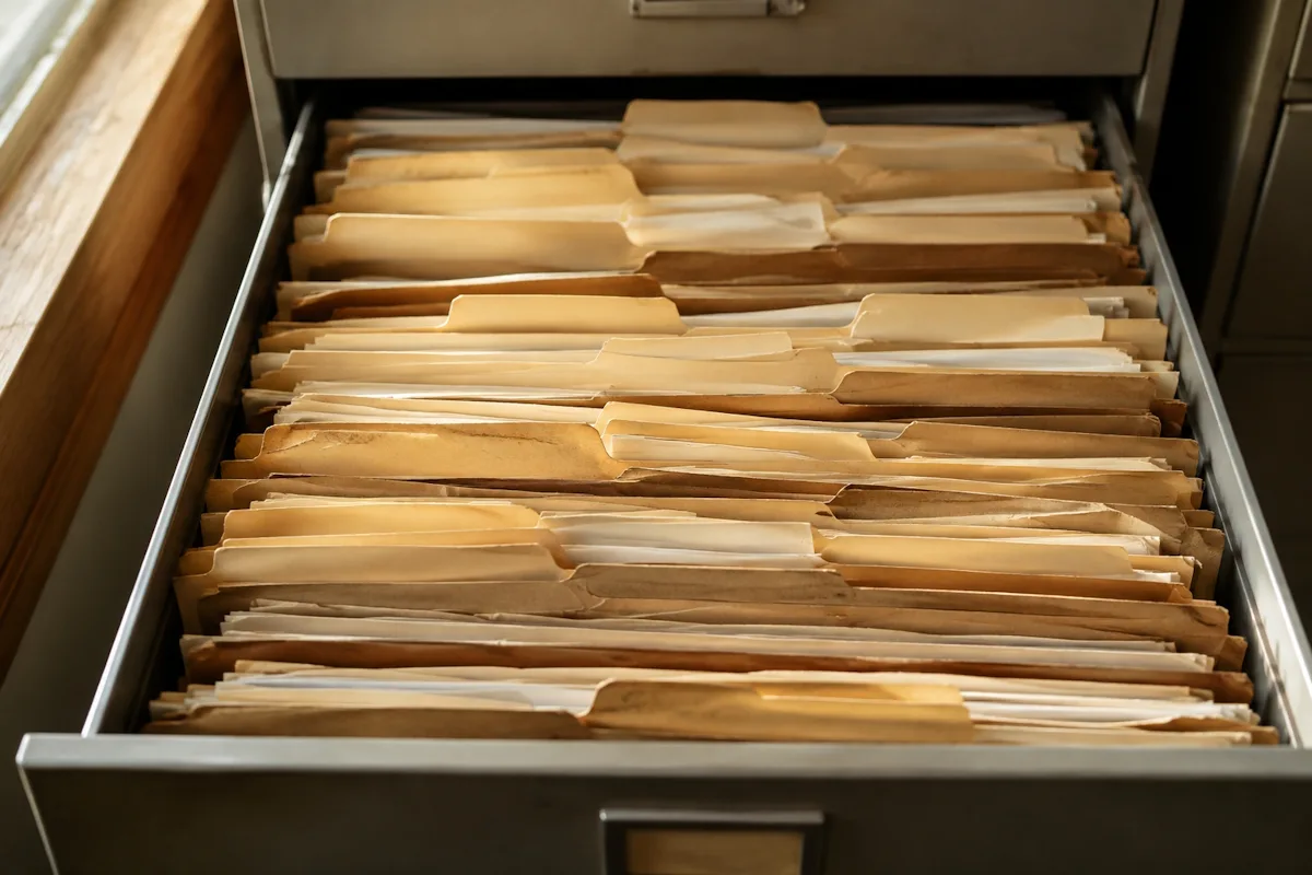 An open filing cabinet drawer packed with paper file folders